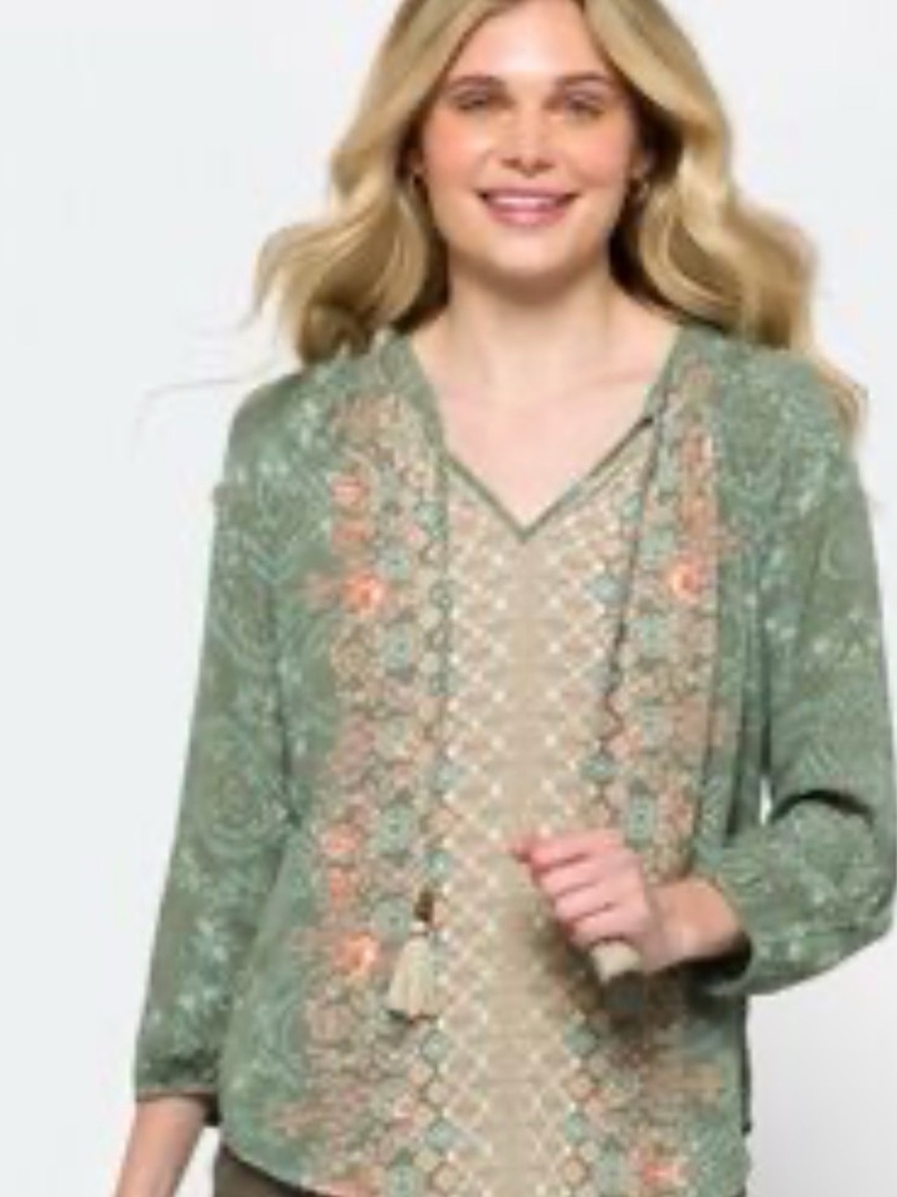 Mason belle size small  Green Printed V Neck Tassel Blouse shirt top boho hippie